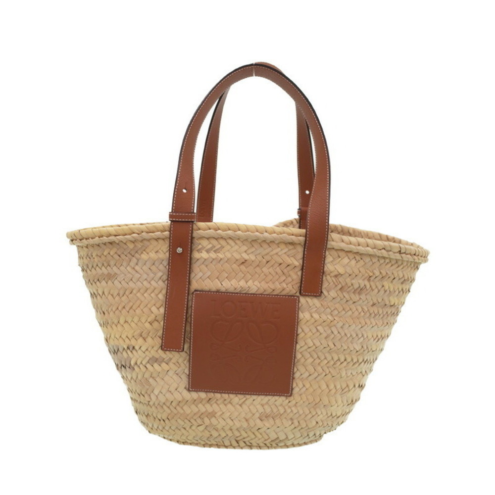 Loewe Paula Ibiza Basket Bag woven palm leaf calfskin leather anagram Tan